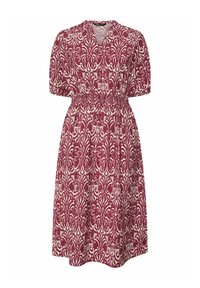 Vestito midi a fantasia bordeaux e bianca con scollo a V, maniche a sbuffo e vita elasticizzata arricciata.