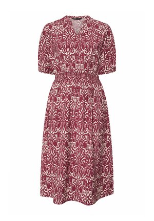 Vestito midi a fantasia bordeaux e bianca con scollo a V, maniche a sbuffo e vita elasticizzata arricciata.