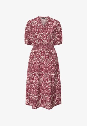 Midi-jurk in bordeauxrood en wit met een patroon, V-hals, pofmouwen en een elastische taille met plooien.