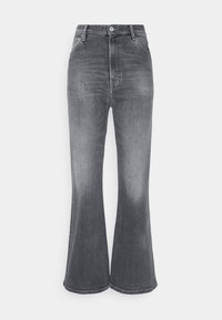 Gray denim flared jeans with a high waist, featuring a classic five-pocket design and slight fade at the thighs. Hem finishes are raw.