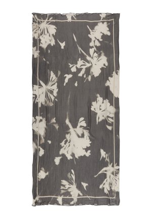 Dark gray rectangular scarf with white abstract floral patterns and a thin light border along the edges.