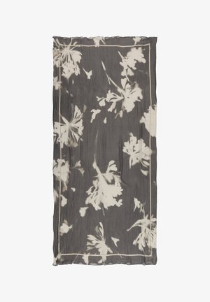 Donkergrijze rechthoekige sjaal met witte abstracte bloemmotieven en een dunne lichte rand langs de randen.