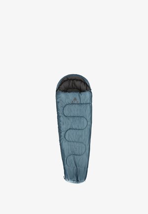 Blauwe mummy-stijl slaapzak met capuchon, zwarte binnenvoering en een gebogen stikselpatroon middenvoor.