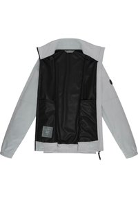 Light gray jacket with a black interior, featuring long sleeves, elastic cuffs, and two inner pockets. Zipper closure at the bottom.