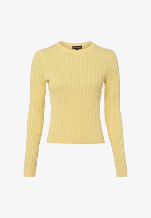 Geel kabelgebreide trui met lange mouwen en ronde hals, met een aansluitende pasvorm en geribbelde boorden en zoom, gemaakt door Franco Callegari.