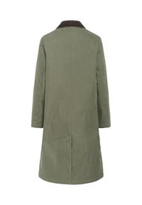 Olijfgroen jas met een bruine ribbelschema kraag, lange mouwen en een rechte snit. Bevat zijzakken en heeft een gladde, matte textuur.