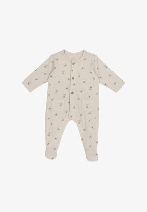 Combinaison à manches longues en tissu beige clair avec un motif texturé de petits lapins, comportant quatre boutons en bois et deux poches avant.