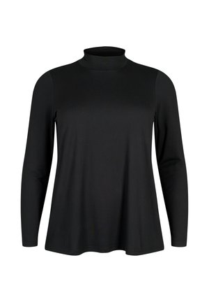 Langärmliges schwarzes Rollkragenoberteil mit leicht ausgestelltem Saum und glattem Stoff, auf einem schlichten weißen Hintergrund präsentiert.