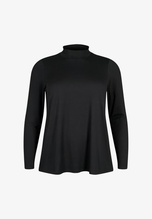 Dlhý čierny rolák s mierne rozšíreným lemom a hladkou látkou, vystavený na jednoduchom bielom pozadí.