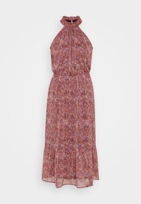 Ärmelloses Midikleid mit gerafftem hohen Kragen, elastischem Bund und rötlichem Blumenmuster auf leichtem Stoff.