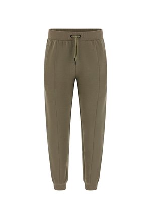 Khaki jogger nohavice vyrobené z mäkkého materiálu, s elastickým pásom na šnúrku, bočnými švami a úzkymi manžetami na členkoch.