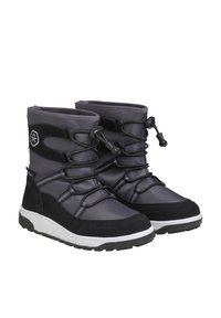 Grå isolerade kängor med hög topp, svarta accenter, elastiska snören, gummisula och en logotyp på sidan. Texturerad tyg för värme.