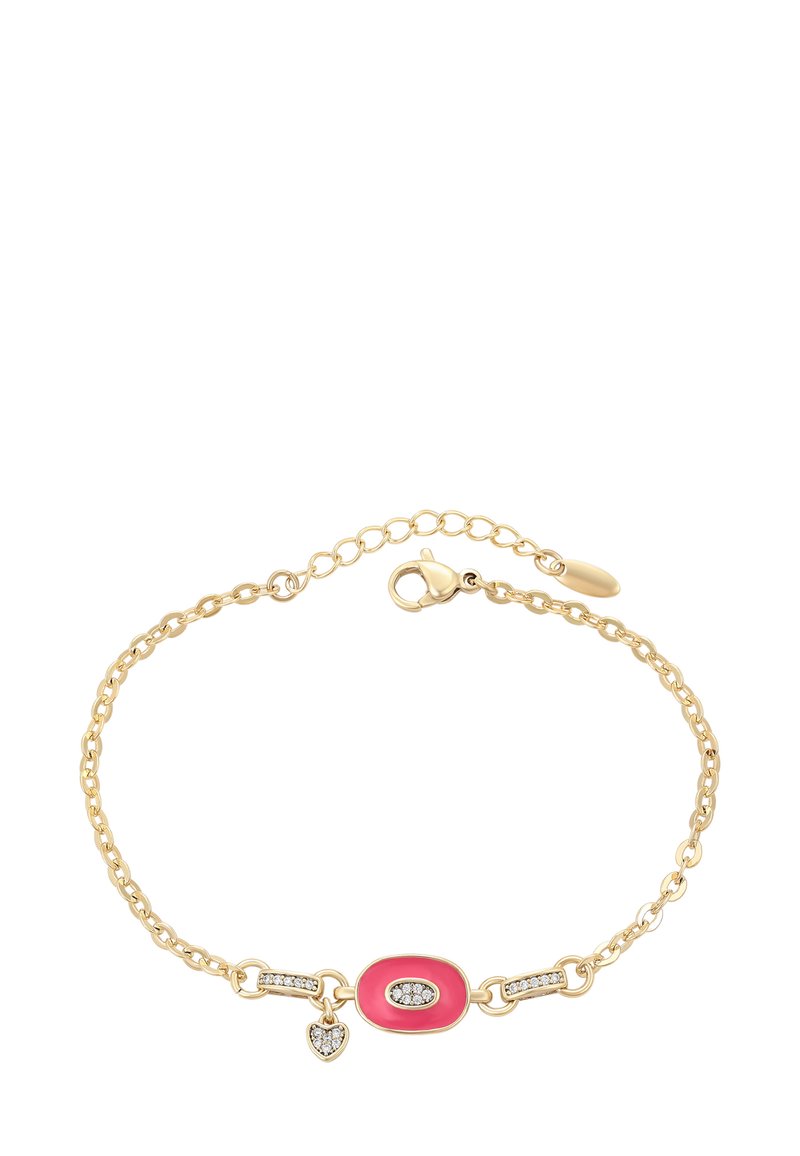 Bracciale in oro con centro ovale rosa, piccolo ciondolo a forma di cuore con pietre, e accenti di anelli incastonati con pietre, con chiusura a moschettone.