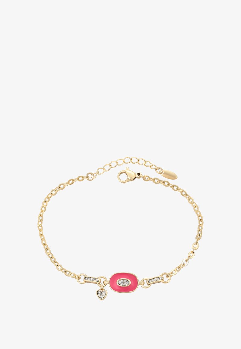 Bracciale in oro con centro ovale rosa, piccolo ciondolo a forma di cuore con pietre, e accenti di anelli incastonati con pietre, con chiusura a moschettone.