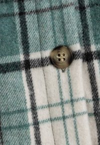 Tkanina flanelowa we wzór zielono-biały w kratę, z dużym beżowym guzikiem z czterema otworami, o strukturalnej i miękkiej powierzchni.