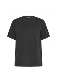 T-shirt noir à manches courtes et col rond avec une coupe décontractée, présenté sur un fond blanc uni.