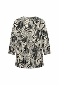 Zwarte en crème top met een botanisch bladerenpatroon, ¾ mouwen, ronde halslijn en een ontspannen pasvorm. De stof heeft een zachte textuur.