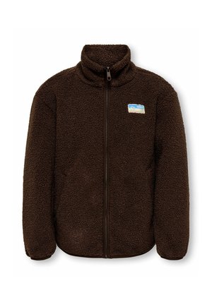 Veste polaire marron foncé zippée intégrale avec col montant et petite écusson rectangulaire sur la poitrine gauche.