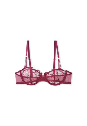 Bralette in pizzo di colore bordeaux, con coppe in rete trasparente dai bordi scallop e spalline regolabili. Il materiale include motivi floreali e tessuto morbido.