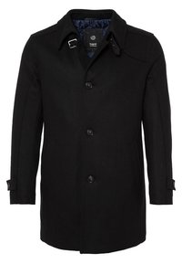 Cappotto in misto lana nero con un design strutturato, chiusura a bottoni monopetto e una distintiva fibbia al collo. L'interno è rivestito di blu.