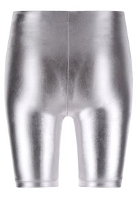 Shorts da ciclismo metallici argento realizzati in materiale elastico. Texture liscia, design a vita alta e taglio alla ginocchia senza cuciture visibili.