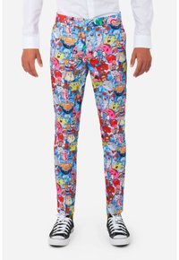 Kolorowe spodnie w print z kreskówkami, z niebieskim tłem i różnymi postaciami w jasnych kolorach. Slim fit z gładką teksturą materiału.