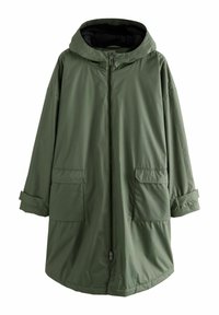 Grüne wasserdichte Jacke mit Kapuze, Front-Reißverschluss und zwei großen Taschen. Verfügt über ein weiches Innenfutter und hochgekrempelte Ärmel.