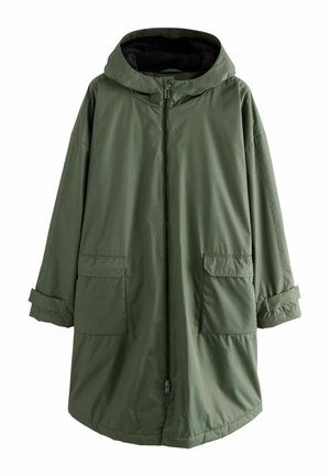 Green waterproof jacket with a hood, front zipper, and two large pockets. Features a soft inner lining and rolled-up sleeves.