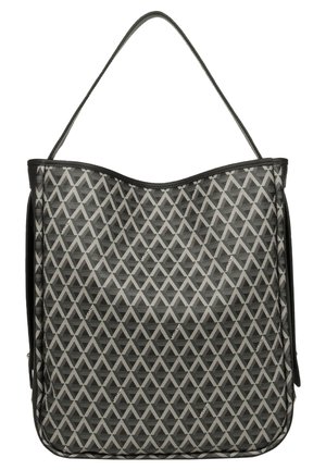 Black shoulder bag with a repeating silver triangular pattern and a single thin strap.