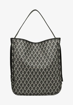 Schwarze Schultertasche mit einem sich wiederholenden silbernen Dreiecksmuster und einem einzelnen dünnen Riemen.