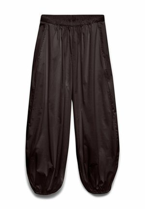 Pantalon noir ample avec ceinture élastique et poignets élastiques froncés, fabriqué en tissu léger et brillant.