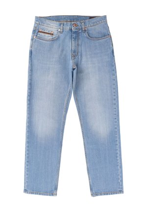 Jasnoniebieskie jeansy z denimu o prostym kroju, z pięcioma kieszeniami i kontrastowymi przeszyciami. Miękka faktura z lekkim wyblaknięciem na nogawkach.