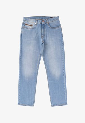 Jasnoniebieskie jeansy z denimu o prostym kroju, z pięcioma kieszeniami i kontrastowymi przeszyciami. Miękka faktura z lekkim wyblaknięciem na nogawkach.