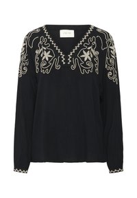 Musta pitkähiha blouse, jossa on monimutkaista kermaista kirjontaa kaula-aukossa ja hihojen suissa, rento istuvuus ja V-pääntie.