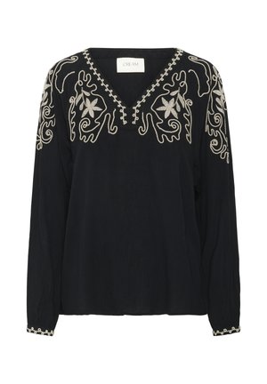 Blusa nera a maniche lunghe con intricata ricamo crema lungo il colletto e i polsini, dal taglio morbido e con scollatura a V.