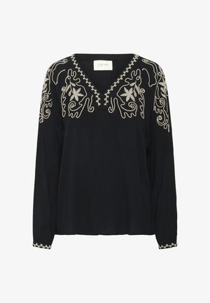 Melnas garām piedurknēm darinātas blūzes ar sarežģītu krēmkrāsas izšuvumu ap apkakli un piedurknēm, brīvā piegriezumā un V veida dekoltē.