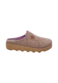 Zoccolo in felt marrone con suola in gomma, caratterizzato da una punta arrotondata, foderato in viola e con una patch rotonda del logo sul lato.