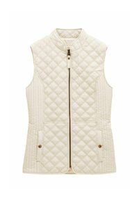 Gepolsterte ärmellose Weste in Weiß, mit hohem Kragen und Frontreißverschluss mit goldfarbenen Details sowie zwei seitlichen Taschen.