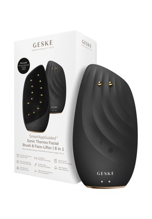 GESKE zwarte sonische thermo gezichtsborstel en gezichtsversteviger met gouden bolletjes, afgebeeld naast witte productverpakking met opgesomde kenmerken.