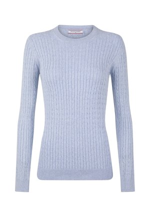 Jasnoniebieski sweter z okrągłym dekoltem, wykonany z dzianiny o splocie warkoczowym, z długimi rękawami oraz ściągaczami na mankietach i u dołu, marki Felix Hardy.