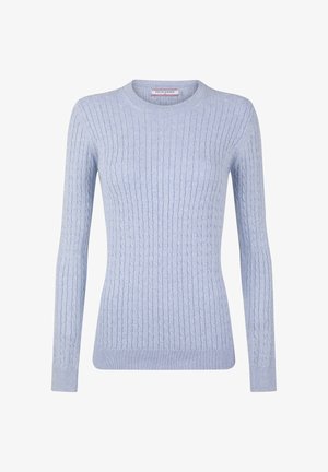 Light blue cable-knit crewneck sweater with long sleeves and ribbed cuffs and hem by Felix Hardy.