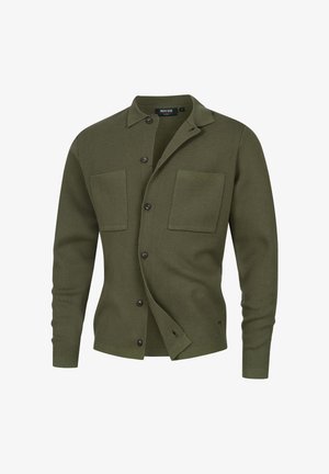 Olivenfarget cardigan laget av teksturert strikket stoff, med en knapp-up front, to brystlommer og et klassisk kragedesign.