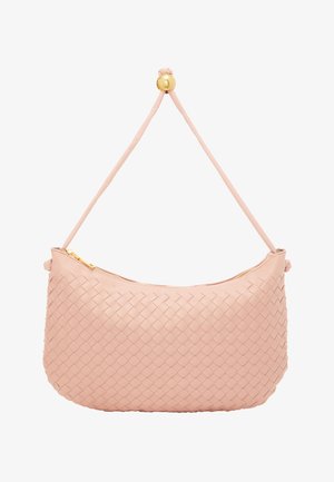 Woven pink leather bag with a rounded shape, zipper closure, and a gold-tone hardware accent at the top, featuring a single shoulder strap.
