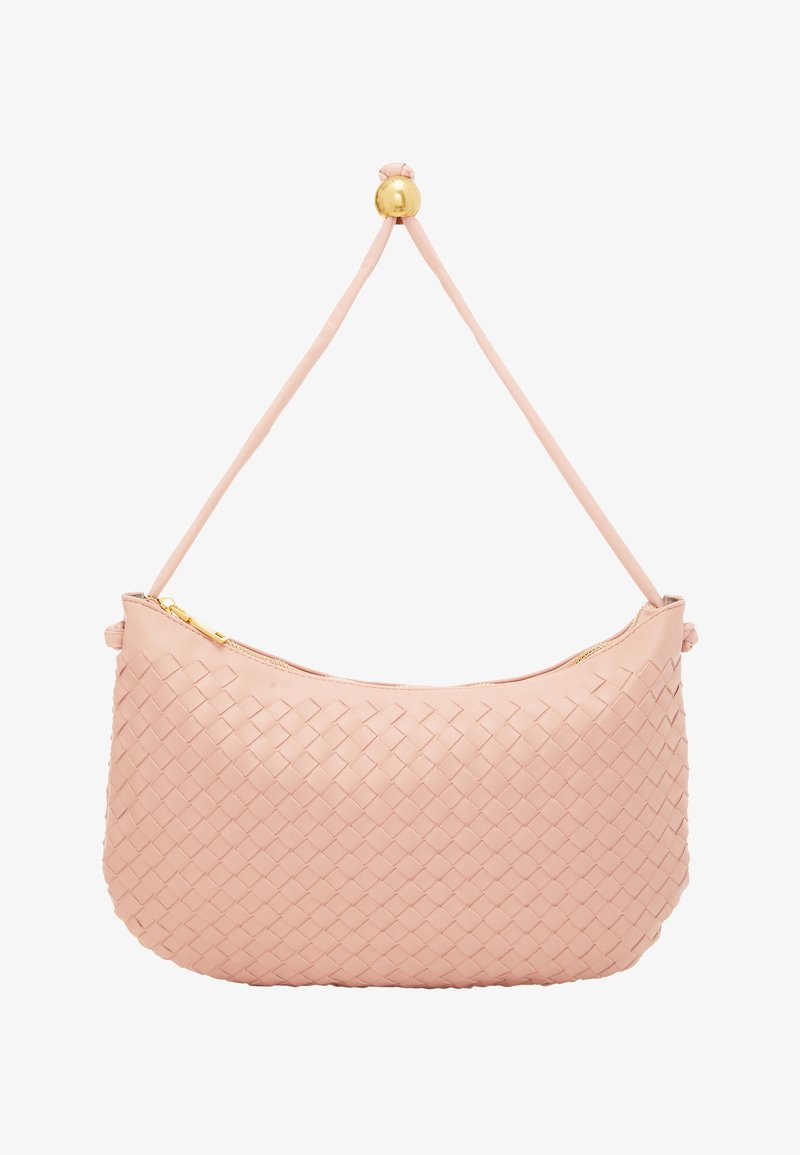 Woven pink leather bag with a rounded shape, zipper closure, and a gold-tone hardware accent at the top, featuring a single shoulder strap.