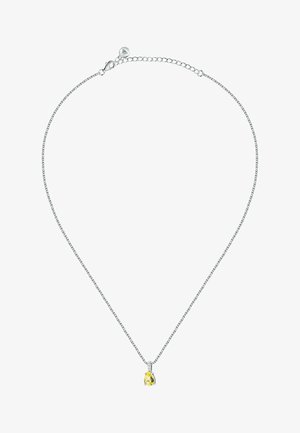 Collana d'argento con una fine catena e un pendente a forma di pera in pietra gialla, caratterizzata da una finitura lucida e un design di chiusura sicuro.