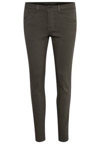 Pantaloni slim-fit verde oliva realizzati in tessuto morbido. Presentano cinque tasche, chiusura con bottone e zip, con dettagli di cucitura a vista.