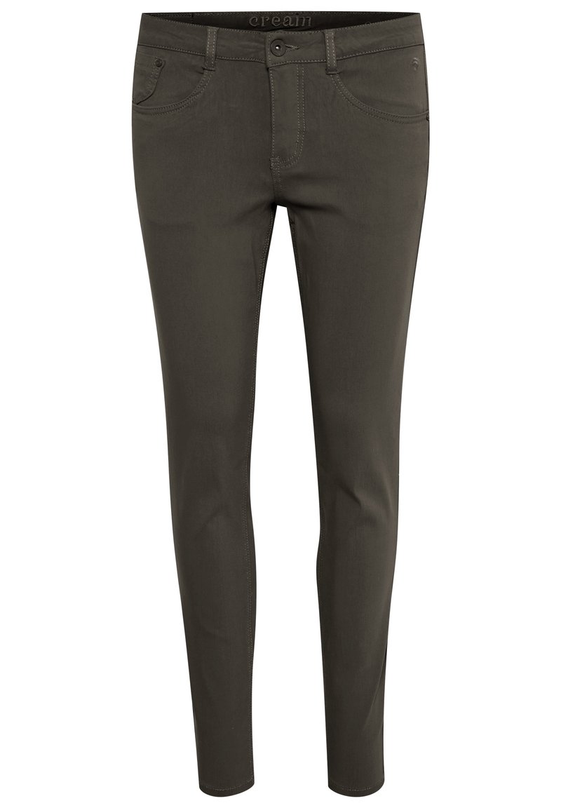 Pantaloni slim-fit verde oliva realizzati in tessuto morbido. Presentano cinque tasche, chiusura con bottone e zip, con dettagli di cucitura a vista.