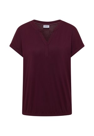 Blouse pour femmes à manches courtes, de couleur violet foncé, avec col en V et manches retroussées, de la marque Cecil, présentée sur fond blanc.
