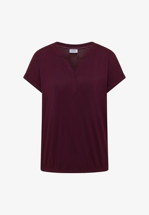 Damenbluse mit kurzen Ärmeln in Dunkellila, V-Ausschnitt und krempelbaren Ärmeln von der Marke Cecil, auf weißem Hintergrund präsentiert.