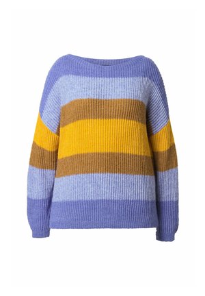 Pletený svetr s širokými vodorovnými pruhy v levandulové, světle modré, hořčicově žluté a hnědé barvě, s klasickým kulatým výstřihem a dlouhými rukávy.